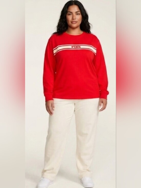 PINK Victoria's Secret Tops - PINK Victoria's Secret Red Crewneck T-shirt with Stripe Logo XXL NWT